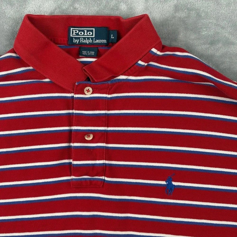 Polo‎ Ralph Lauren Men Lg Red White Blue Striped Short Sleeve Pique Polo Shirt
